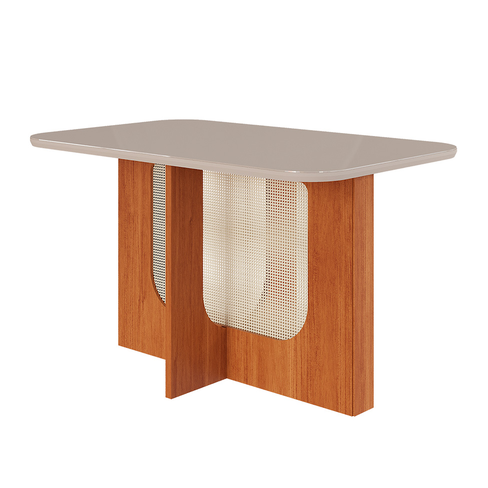 Conjunto de Mesa de Jantar Retangular com Tampo de Vidro Off White Renata e 4 Cadeiras Clarice Linho Grafite e Cinamomo
