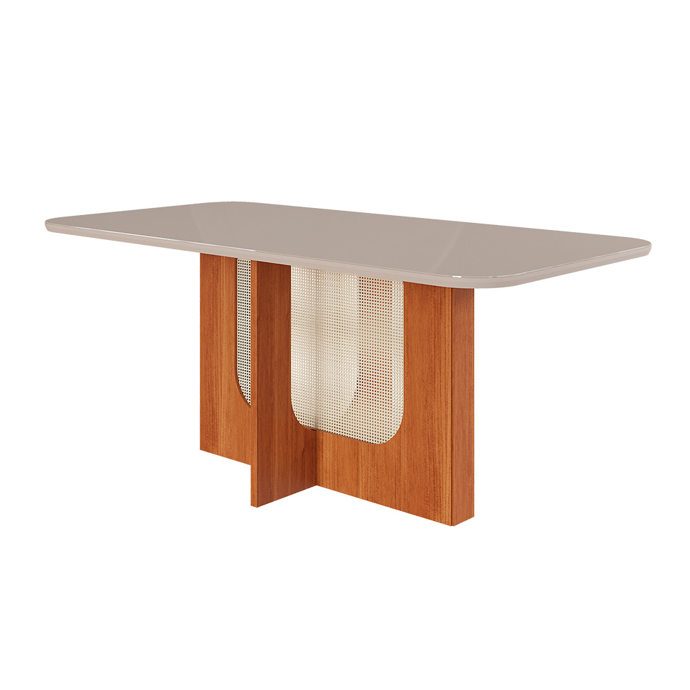 Conjunto de Mesa de Jantar Retangular com Tampo de Vidro Off White Renata e 6 Cadeiras Paola Linho Nude e Cinamomo