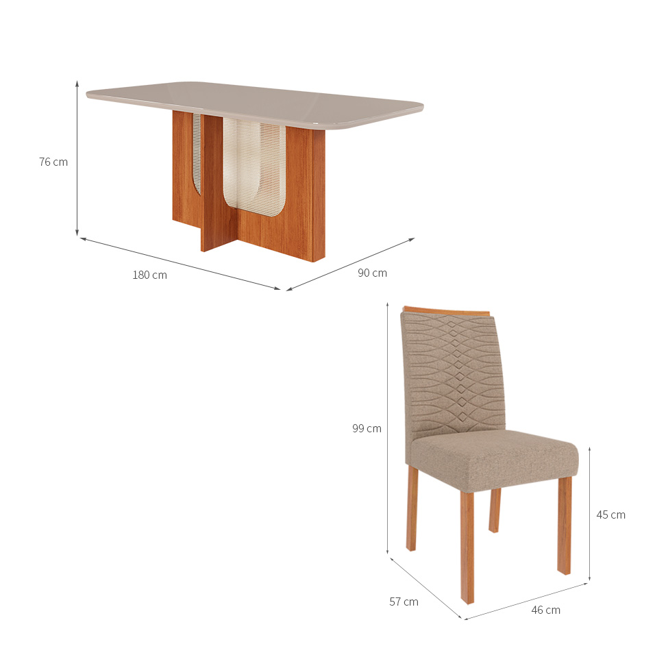 Conjunto de Mesa de Jantar Retangular com Tampo de Vidro Off White Renata e 6 Cadeiras Paola Linho Nude e Cinamomo