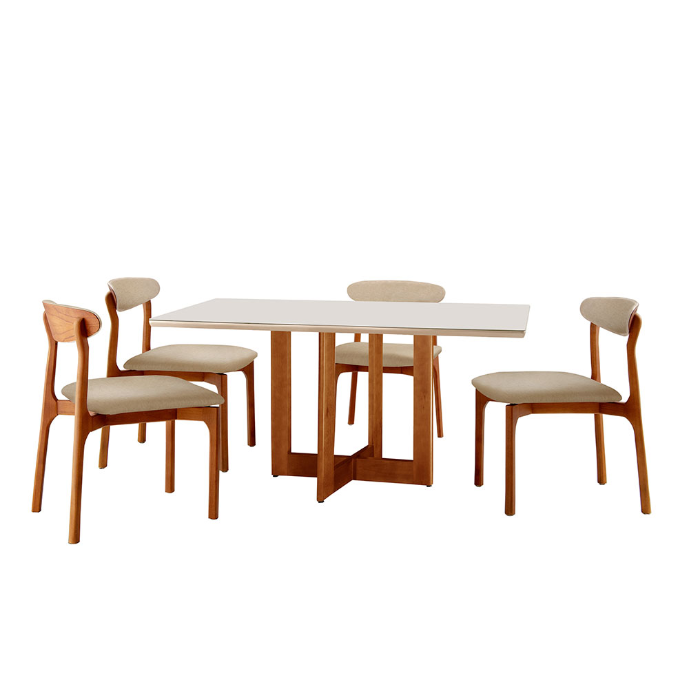Conjunto de Mesa de Jantar Retangular com Tampo de Vidro Off White Talia e 4 Cadeiras Italia Linho Bege e Imbuia