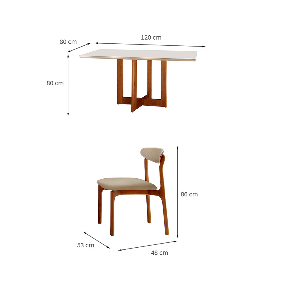 Conjunto de Mesa de Jantar Retangular com Tampo de Vidro Off White Talia e 4 Cadeiras Italia Linho Bege e Imbuia