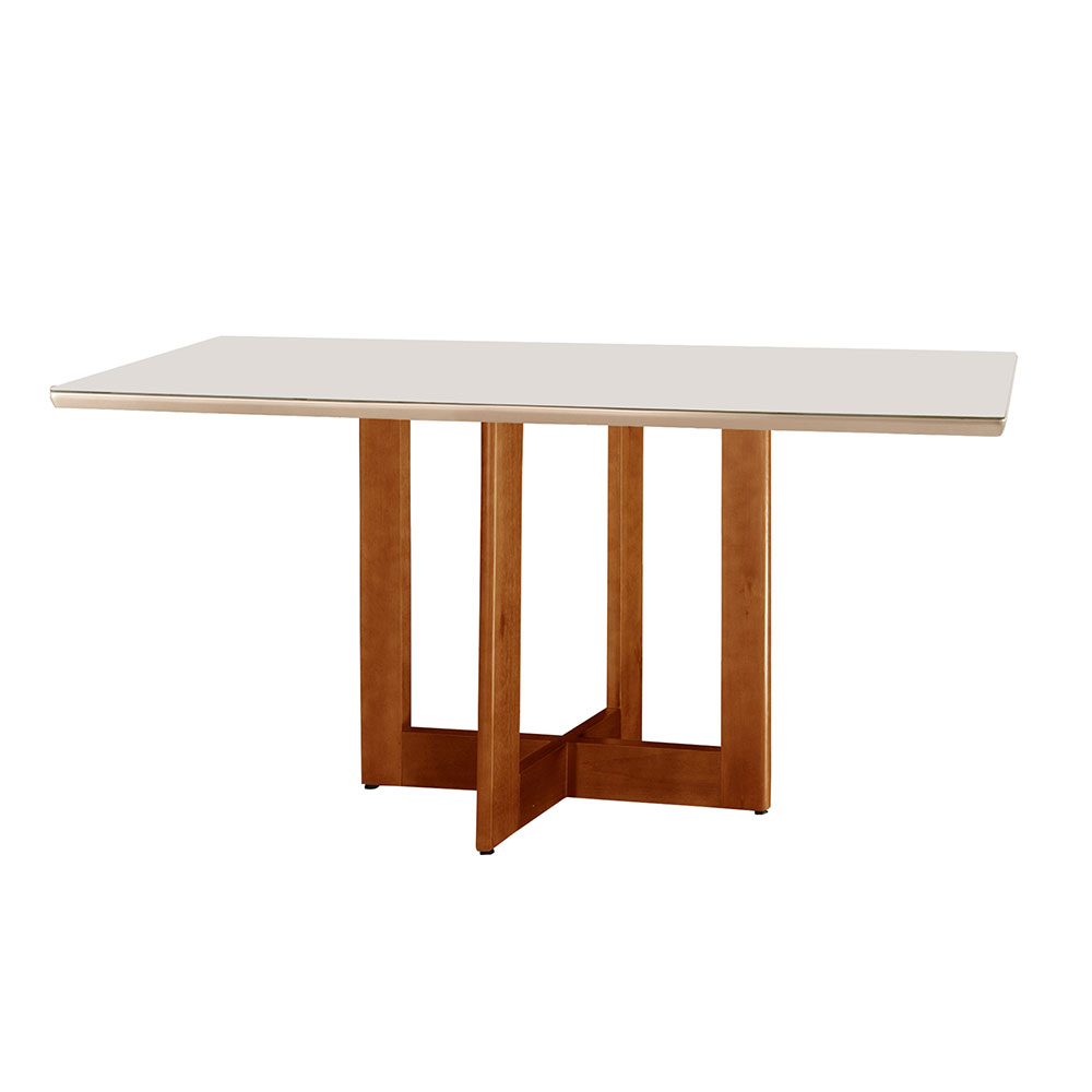 Conjunto de Mesa de Jantar Retangular com Tampo de Vidro Off White Talia e 4 Cadeiras Italia Linho Bege e Imbuia