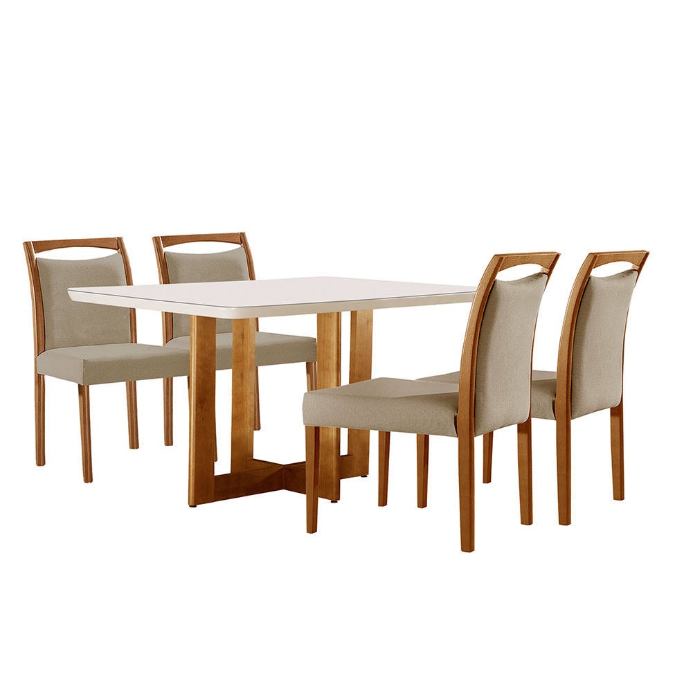 Conjunto de Mesa de Jantar Retangular com Tampo de Vidro Off White Talia e 4 Cadeiras Livia Linho Bege e Imbuia