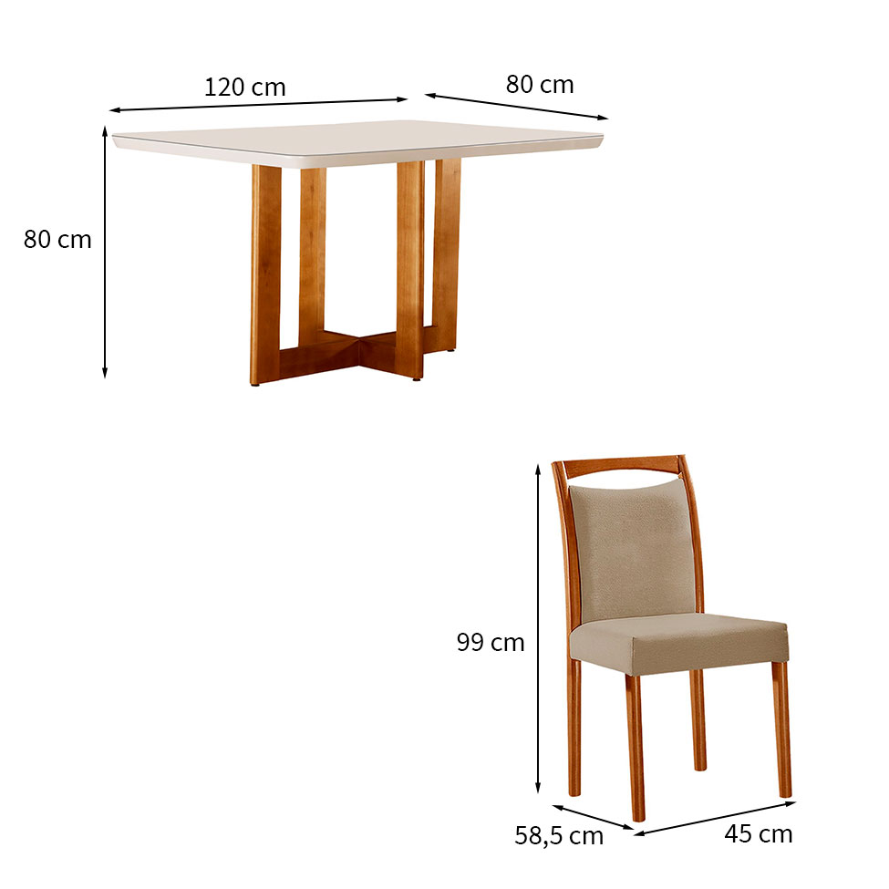 Conjunto de Mesa de Jantar Retangular com Tampo de Vidro Off White Talia e 4 Cadeiras Livia Linho Bege e Imbuia