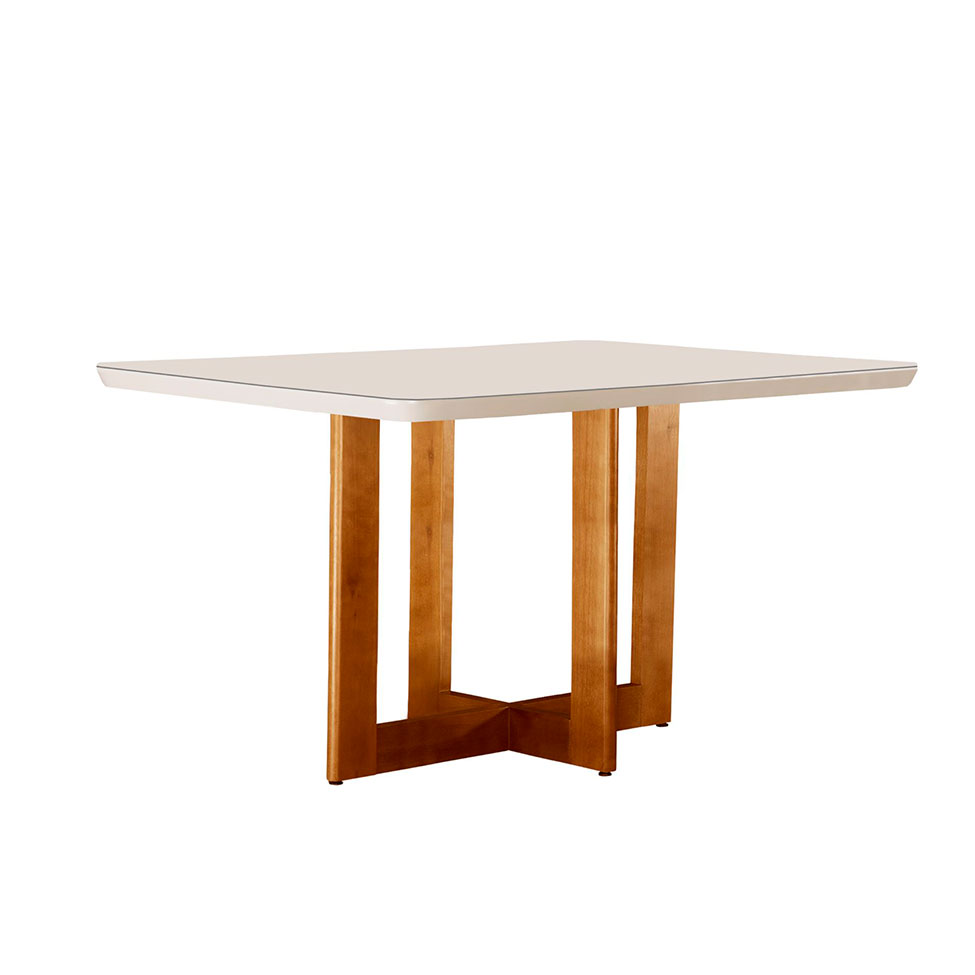 Conjunto de Mesa de Jantar Retangular com Tampo de Vidro Off White Talia e 4 Cadeiras Livia Linho Bege e Imbuia