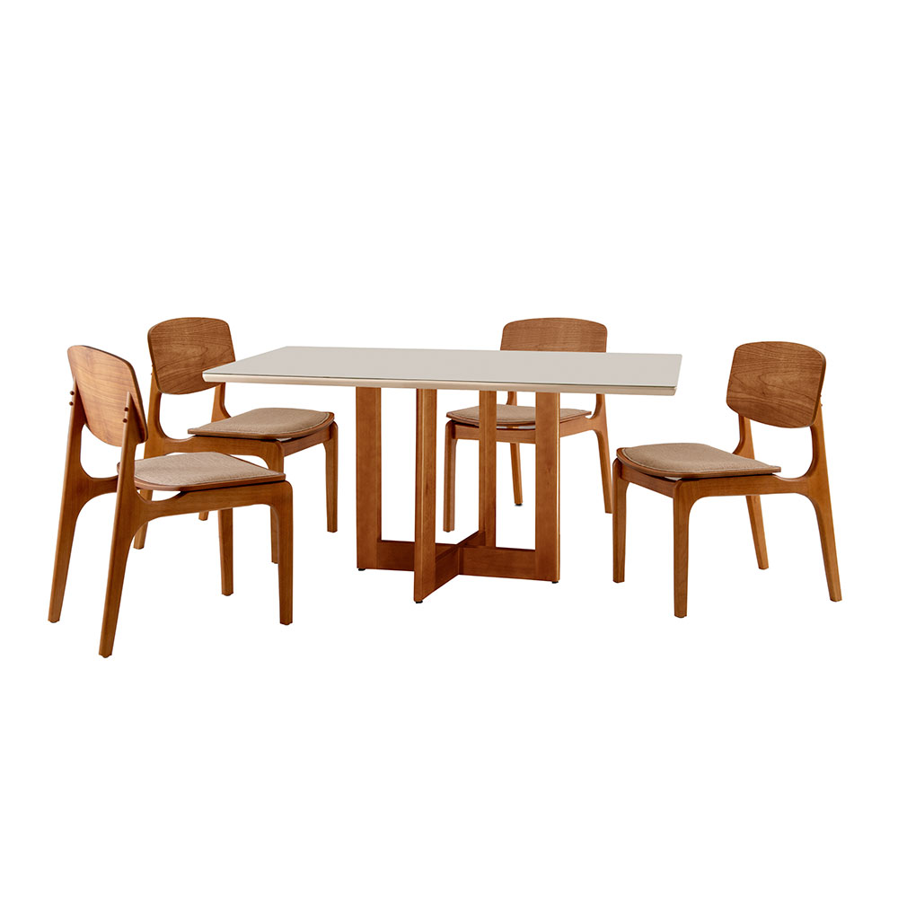 Conjunto de Mesa de Jantar Retangular com Tampo de Vidro Off White Talia e 4 Cadeiras Prada Gold Linho Palha e Imbuia