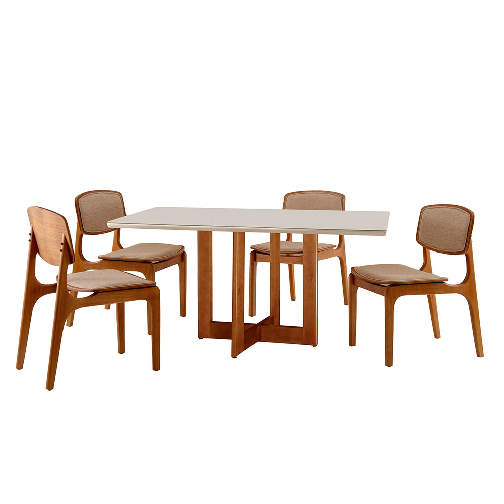 Conjunto de Mesa de Jantar Retangular com Tampo de Vidro Off White Talia e 4 Cadeiras Prada Linho Palha e Imbuia