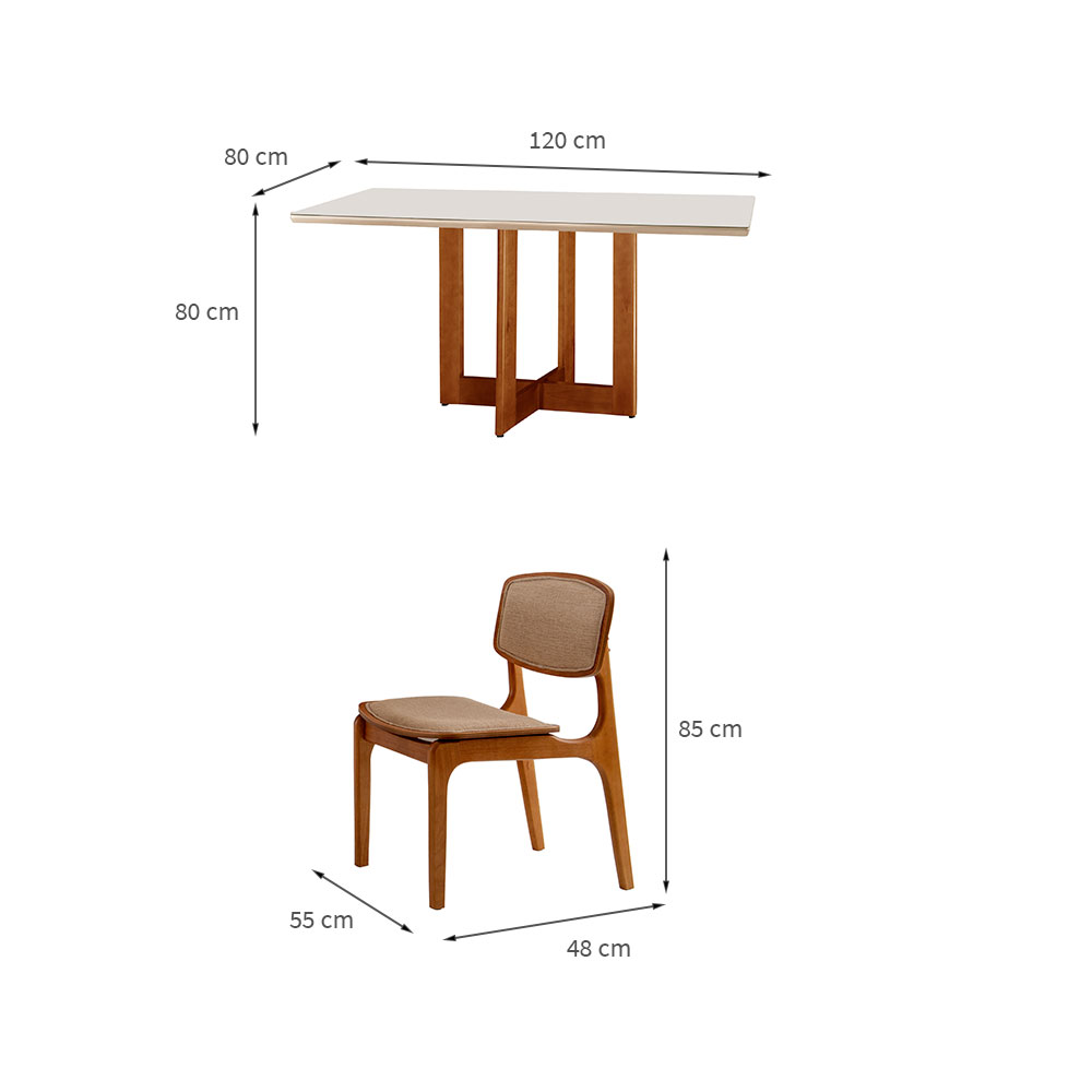 Conjunto de Mesa de Jantar Retangular com Tampo de Vidro Off White Talia e 4 Cadeiras Prada Linho Palha e Imbuia