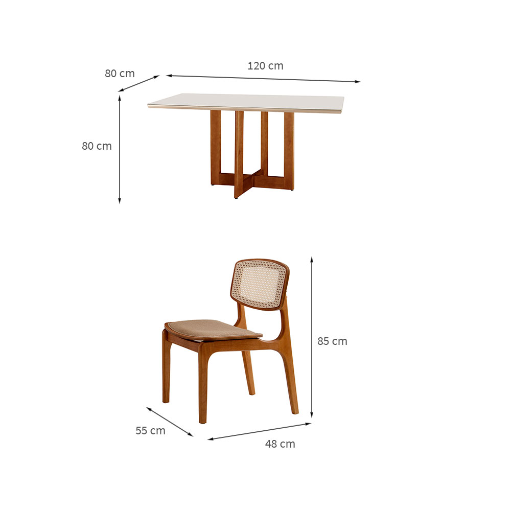 Conjunto de Mesa de Jantar Retangular com Tampo de Vidro Off White Talia e 4 Cadeiras Prada Premium Linho Palha e Imbuia
