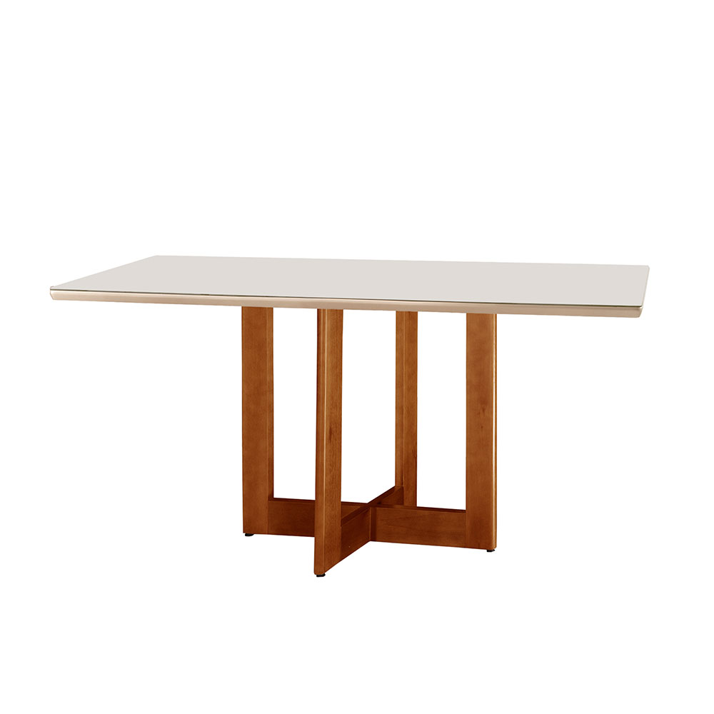 Conjunto de Mesa de Jantar Retangular com Tampo de Vidro Off White Talia e 4 Cadeiras Prada Premium Linho Palha e Imbuia