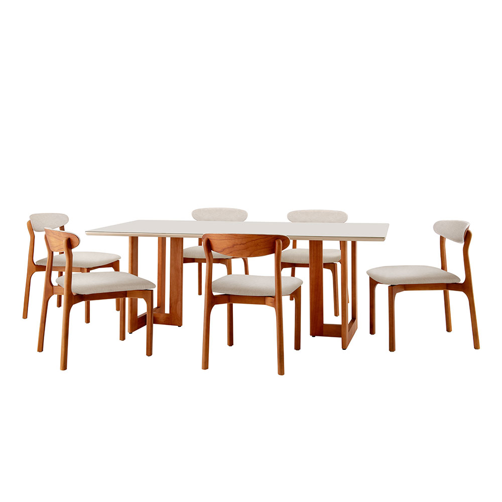 Conjunto de Mesa de Jantar Retangular com Tampo de Vidro Off White Talia e 6 Cadeiras Italia Linho Bege e Imbuia