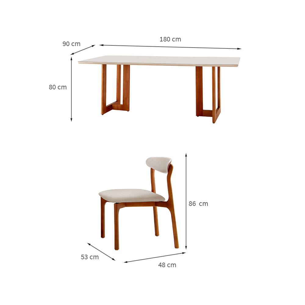 Conjunto de Mesa de Jantar Retangular com Tampo de Vidro Off White Talia e 6 Cadeiras Italia Linho Bege e Imbuia