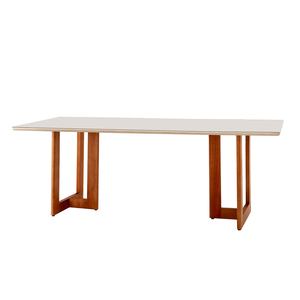 Conjunto de Mesa de Jantar Retangular com Tampo de Vidro Off White Talia e 6 Cadeiras Italia Linho Bege e Imbuia