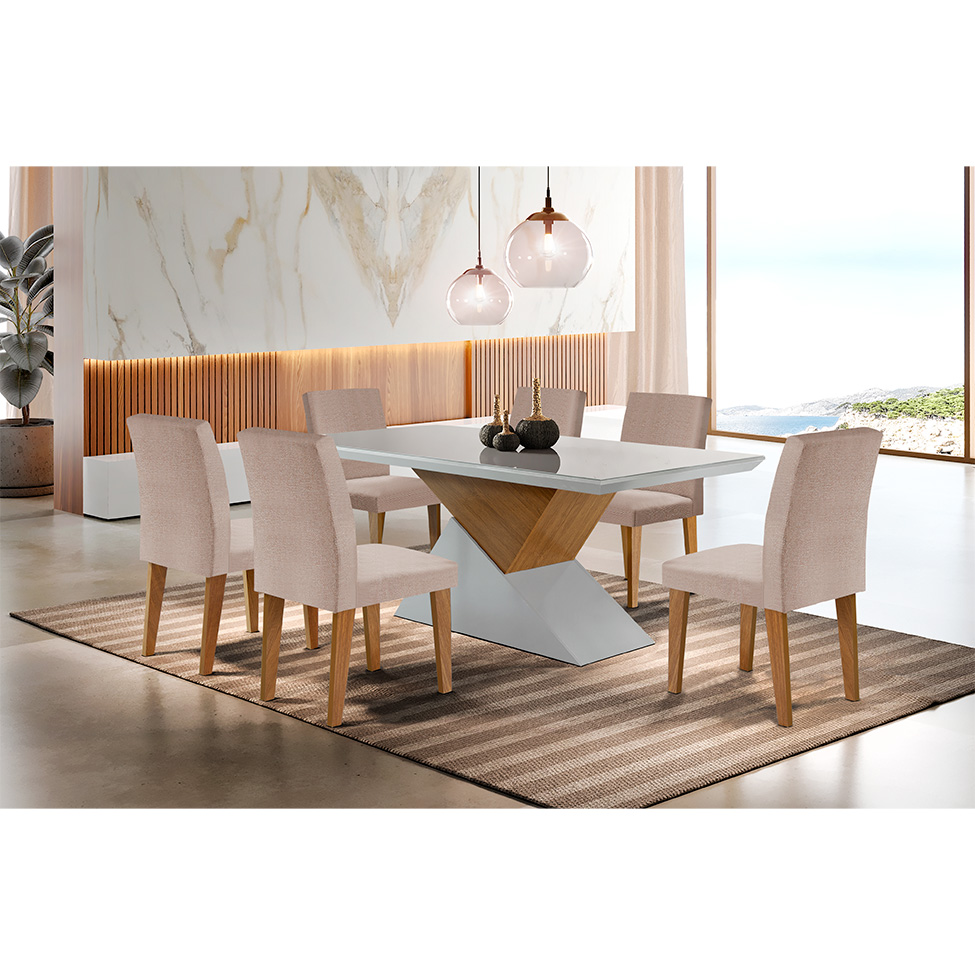 Conjunto de Mesa de Jantar Retangular com Tampo de Vidro Off White Turmalina e 6 Cadeiras Grécia Linho Rústico e Imbuia