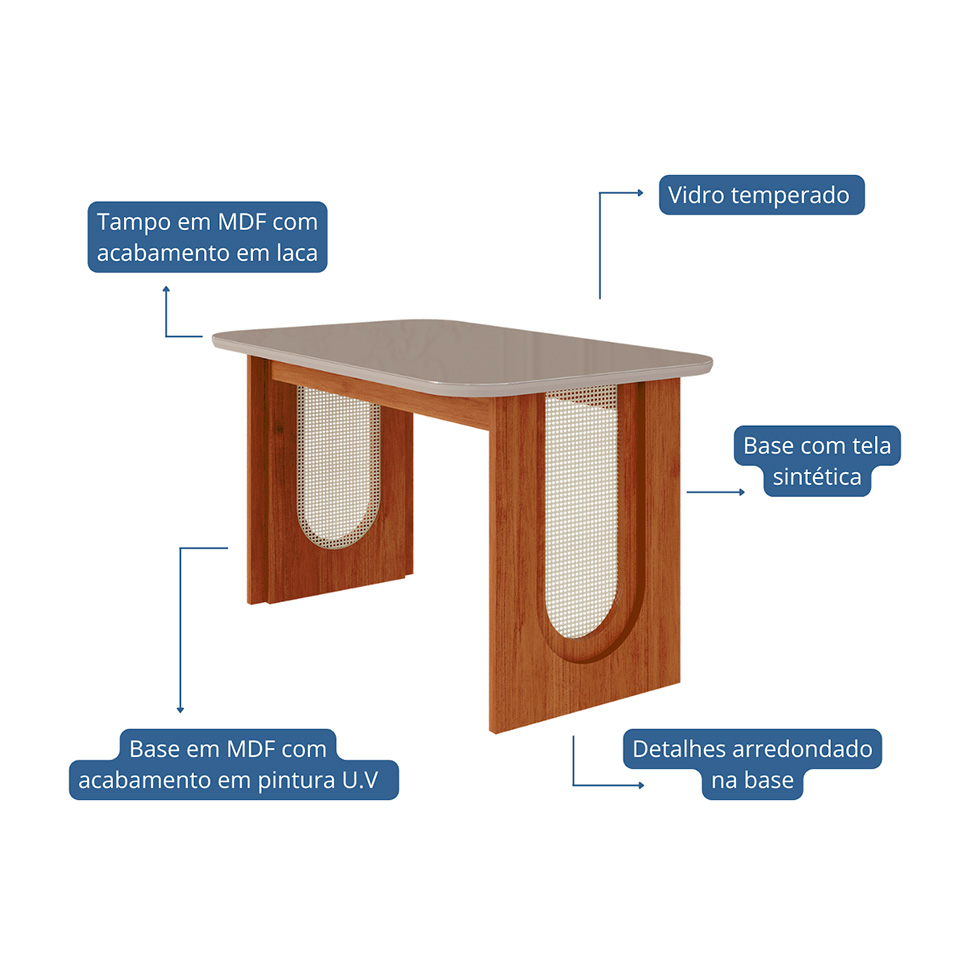 Conjunto de Mesa de Jantar Retangular com Tampo de Vidro Off White Valentina e 4 Cadeiras Fernanda Suede Joli e Cinamomo