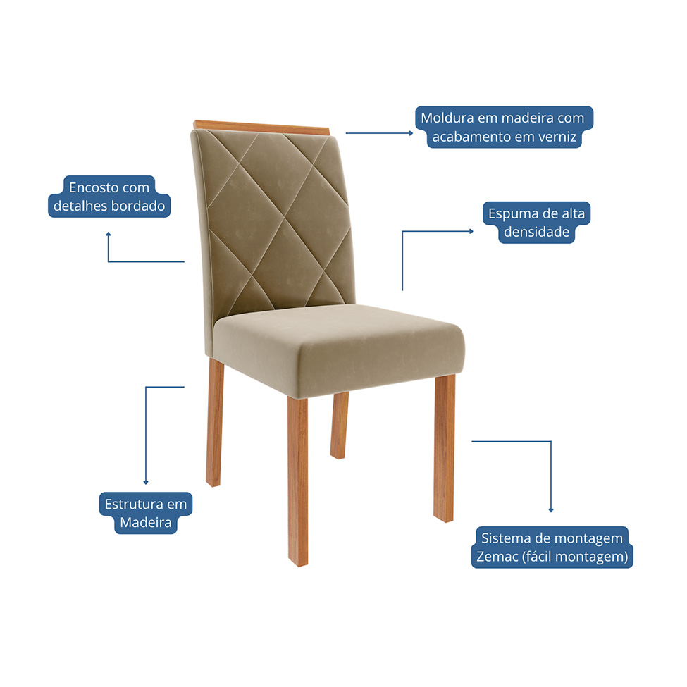 Conjunto de Mesa de Jantar Retangular com Tampo de Vidro Off White Valentina e 4 Cadeiras Fernanda Suede Joli e Cinamomo