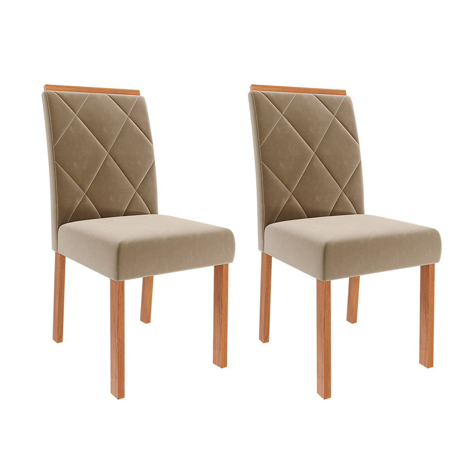 Conjunto de Mesa de Jantar Retangular com Tampo de Vidro Off White Valentina e 4 Cadeiras Fernanda Suede Joli e Cinamomo