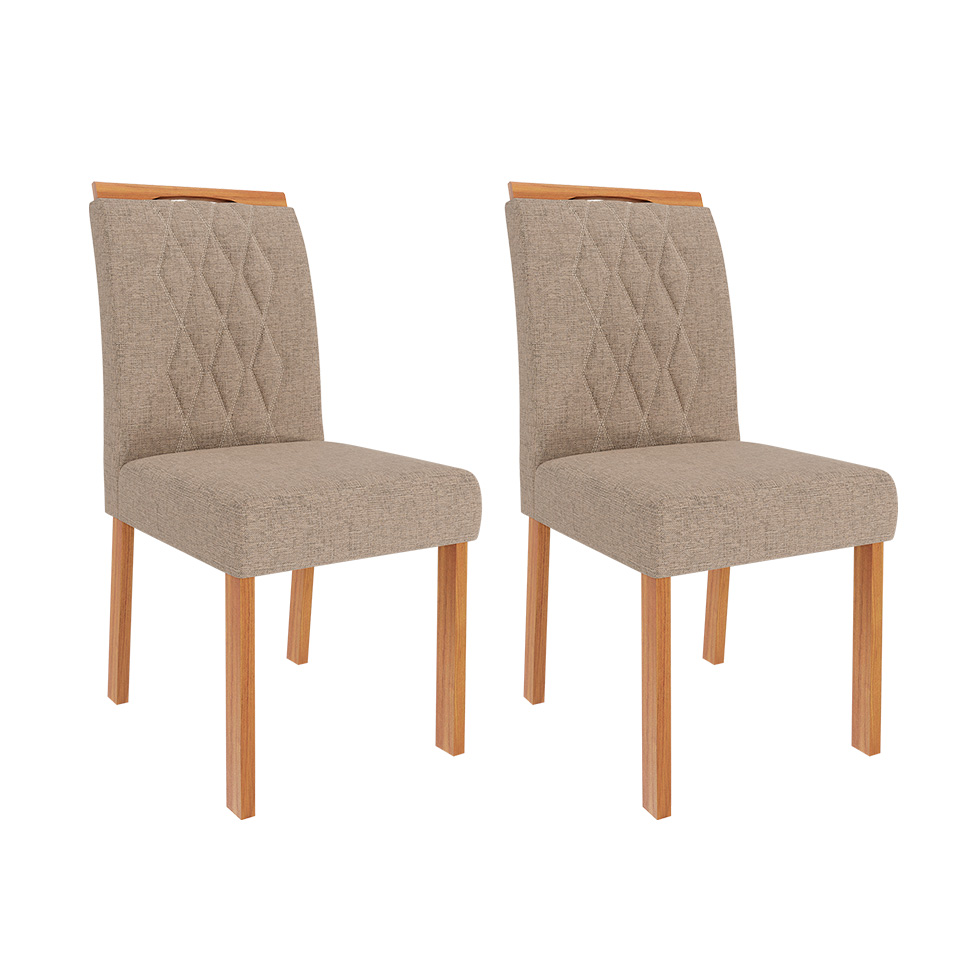 Conjunto de Mesa de Jantar Retangular com Tampo de Vidro Off White Valentina e 6 Cadeiras Juliana Linho Bege e Cinamomo