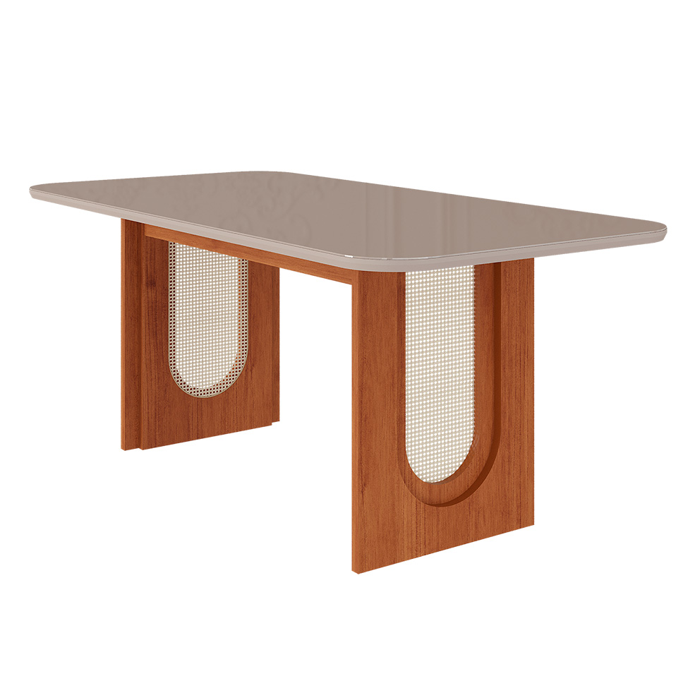 Conjunto de Mesa de Jantar Retangular com Tampo de Vidro Off White Valentina e 6 Cadeiras Juliana Linho Bege e Cinamomo