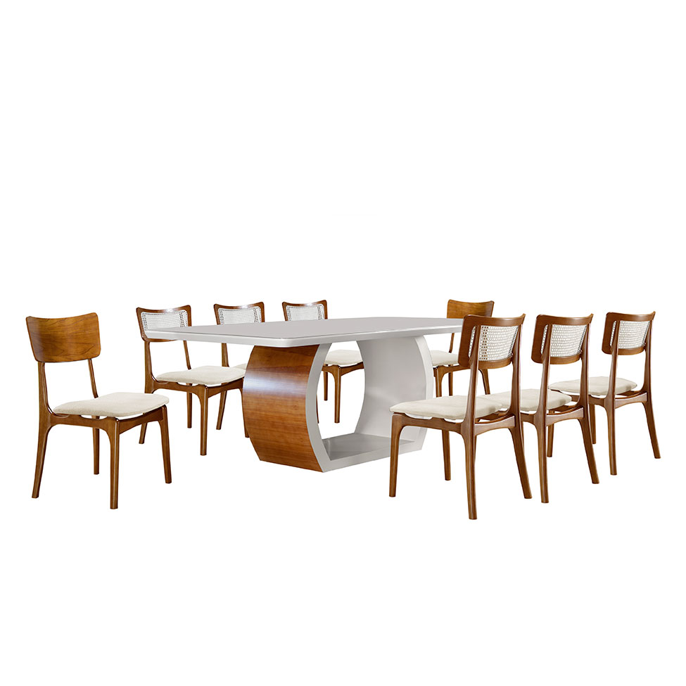 Conjunto de Mesa de Jantar Retangular com Tampo de Vidro Off White Zeus e 8 Cadeiras Gold Linho Creme e Imbuia