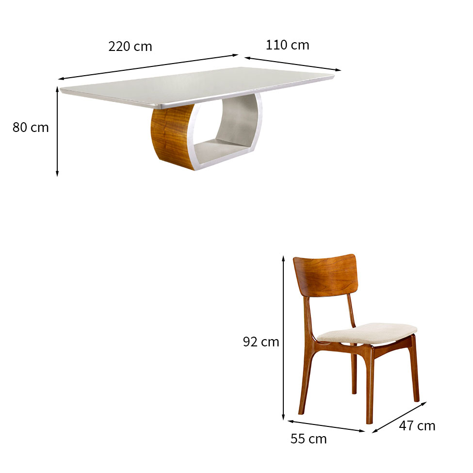 Conjunto de Mesa de Jantar Retangular com Tampo de Vidro Off White Zeus e 8 Cadeiras Gold Linho Creme e Imbuia