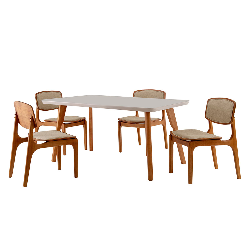Conjunto de Mesa de Jantar Retangular com Tampo de Vidro Off White e 4 Cadeiras Prada Linho Turim e Imbuia
