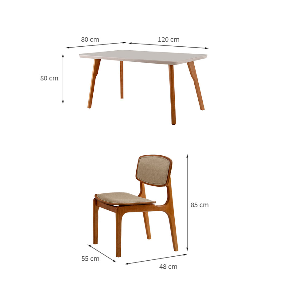 Conjunto de Mesa de Jantar Retangular com Tampo de Vidro Off White e 4 Cadeiras Prada Linho Turim e Imbuia