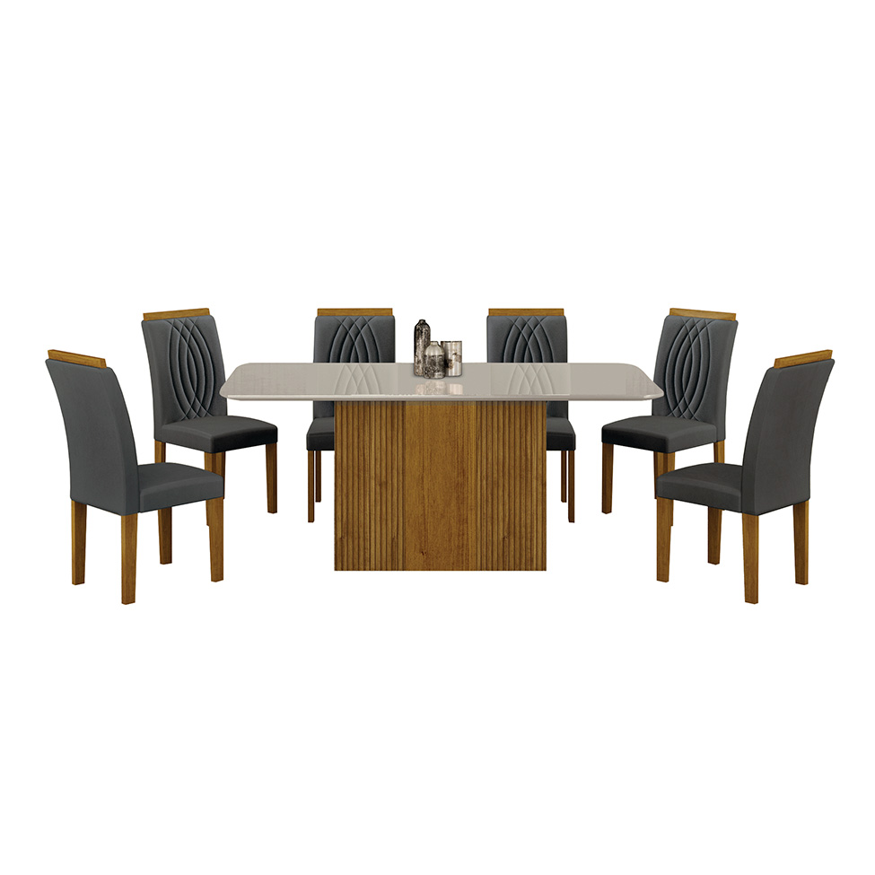 Conjunto de Mesa de Jantar Retangular com Tampo de Vidro Off White e 6 Cadeiras Doha II Veludo Chumbo e Freijó