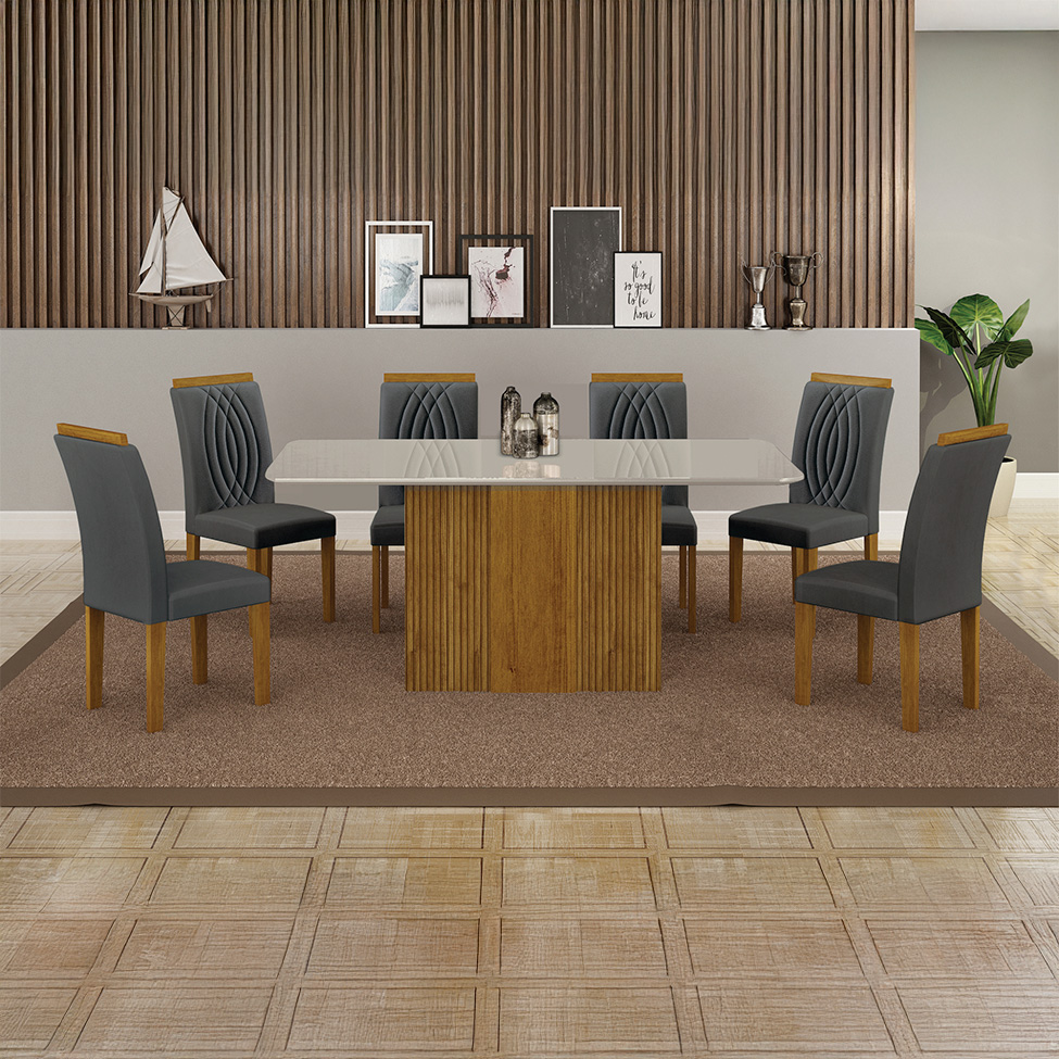 Conjunto de Mesa de Jantar Retangular com Tampo de Vidro Off White e 6 Cadeiras Doha II Veludo Chumbo e Freijó