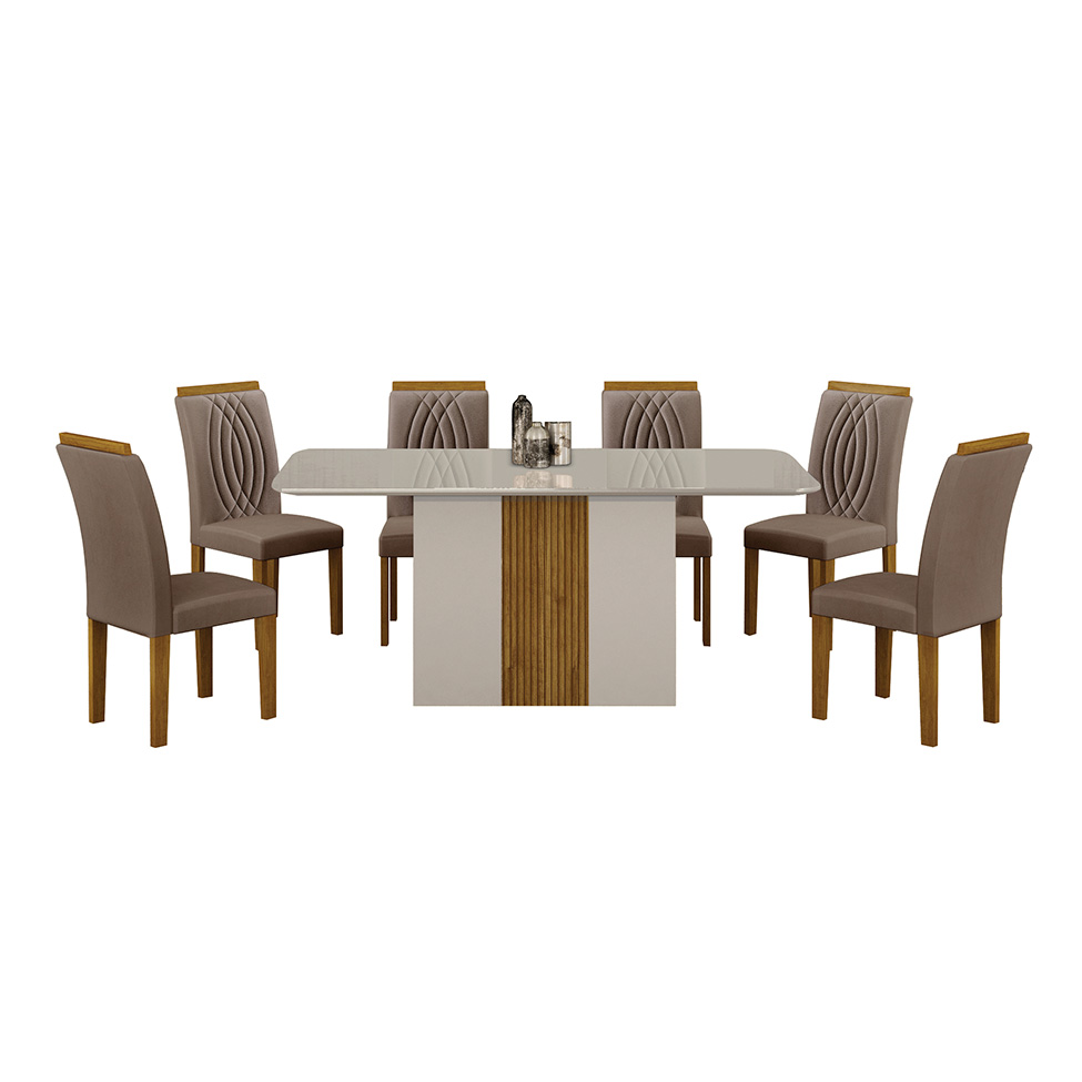 Conjunto de Mesa de Jantar Retangular com Tampo de Vidro Off White e 6 Cadeiras Doha Veludo Camurça e Freijó