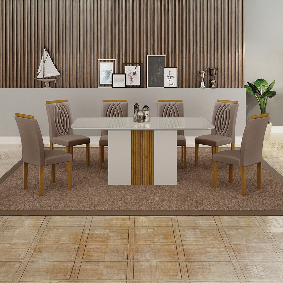 Conjunto de Mesa de Jantar Retangular com Tampo de Vidro Off White e 6 Cadeiras Doha Veludo Camurça e Freijó