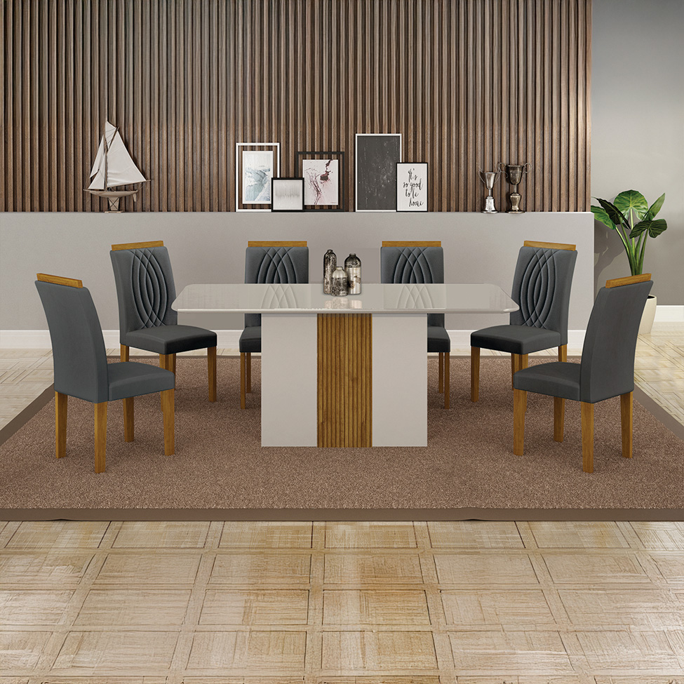 Conjunto de Mesa de Jantar Retangular com Tampo de Vidro Off White e 6 Cadeiras Doha Veludo Chumbo e Freijó