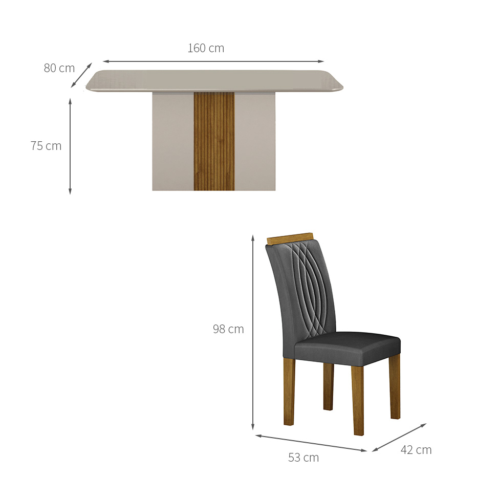 Conjunto de Mesa de Jantar Retangular com Tampo de Vidro Off White e 6 Cadeiras Doha Veludo Chumbo e Freijó