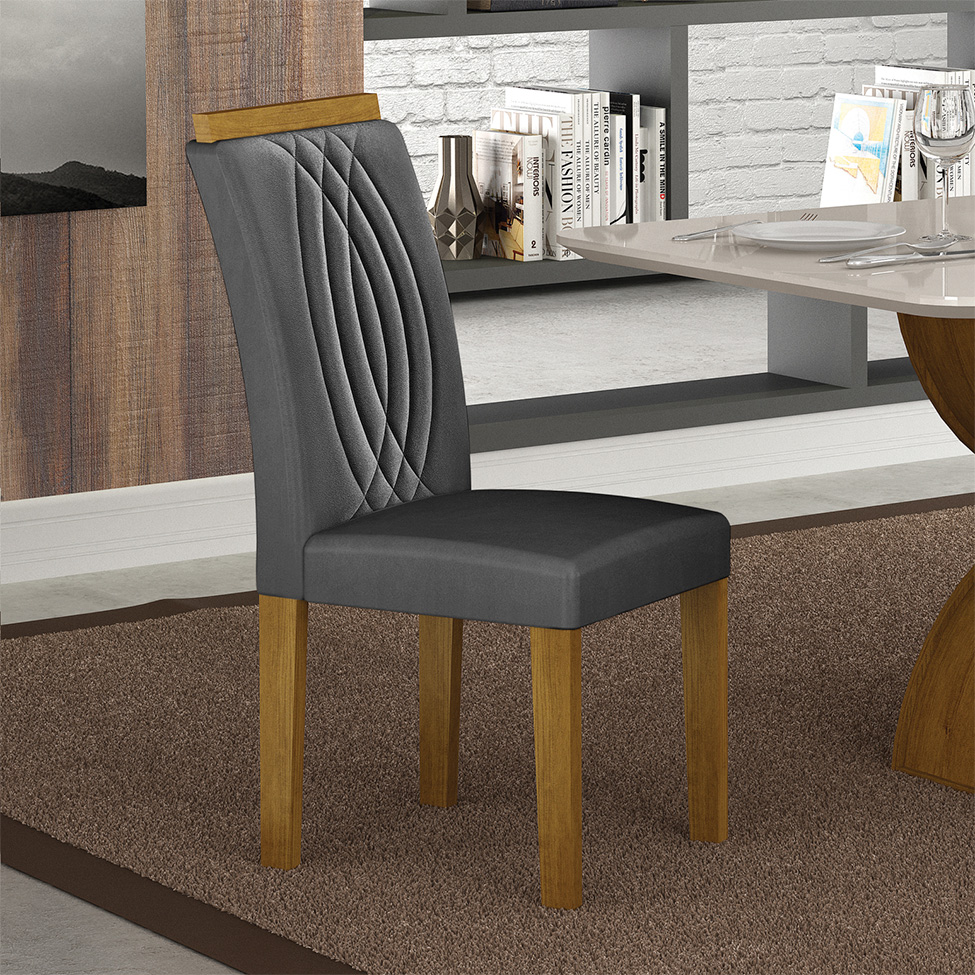 Conjunto de Mesa de Jantar Retangular com Tampo de Vidro Off White e 6 Cadeiras Doha Veludo Chumbo e Freijó