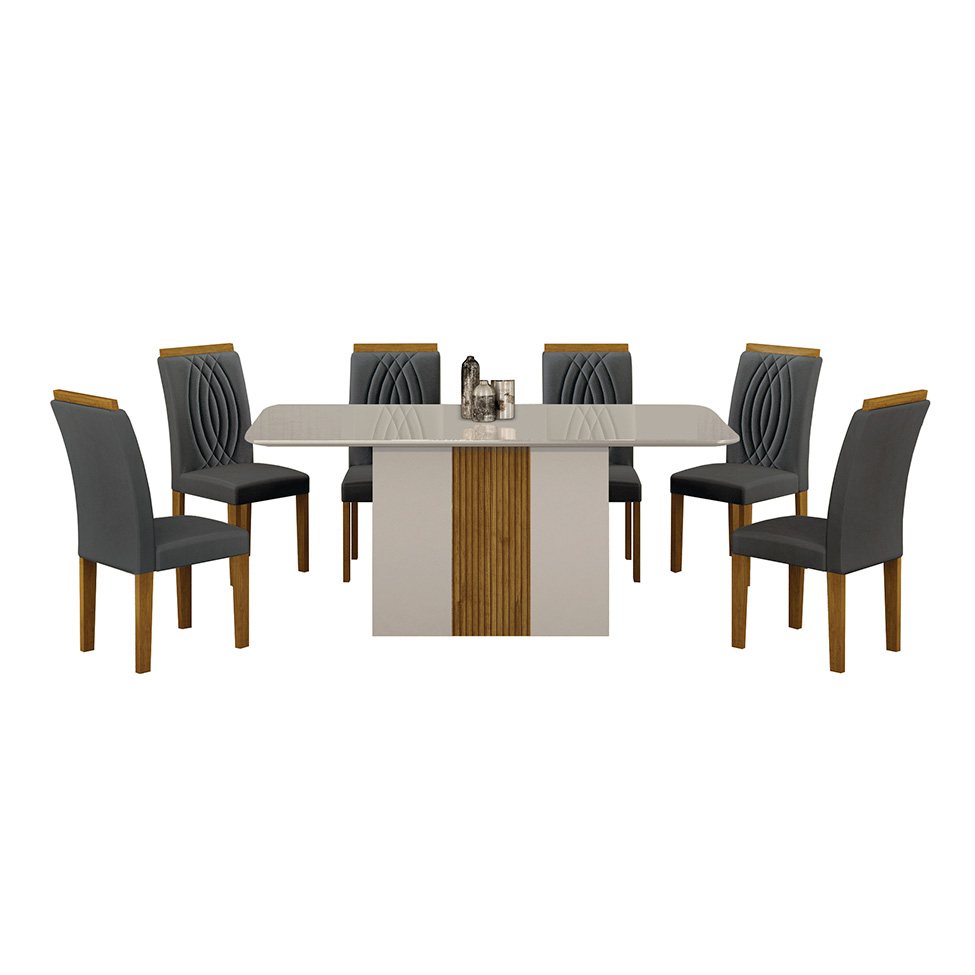 Conjunto de Mesa de Jantar Retangular com Tampo de Vidro Off White e 6 Cadeiras Doha Veludo Chumbo e Freijó