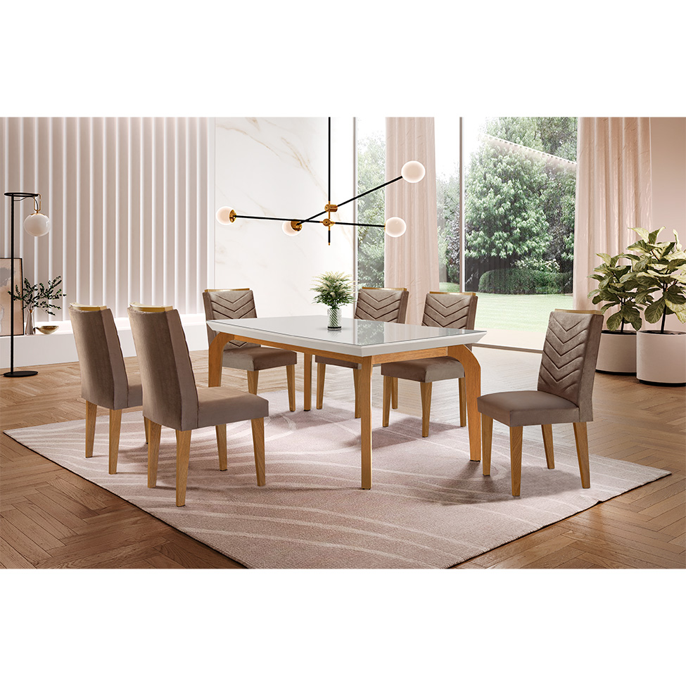Conjunto de Mesa de Jantar Retangular com Tampo de Vidro Off White e 6 Cadeiras Turquesa Veludo Marrom e Imbuia