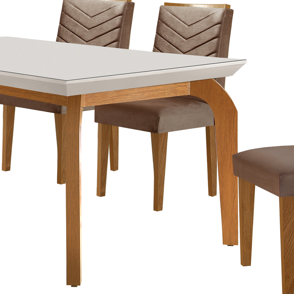 Conjunto de Mesa de Jantar Retangular com Tampo de Vidro Off White e 6 Cadeiras Turquesa Veludo Marrom e Imbuia