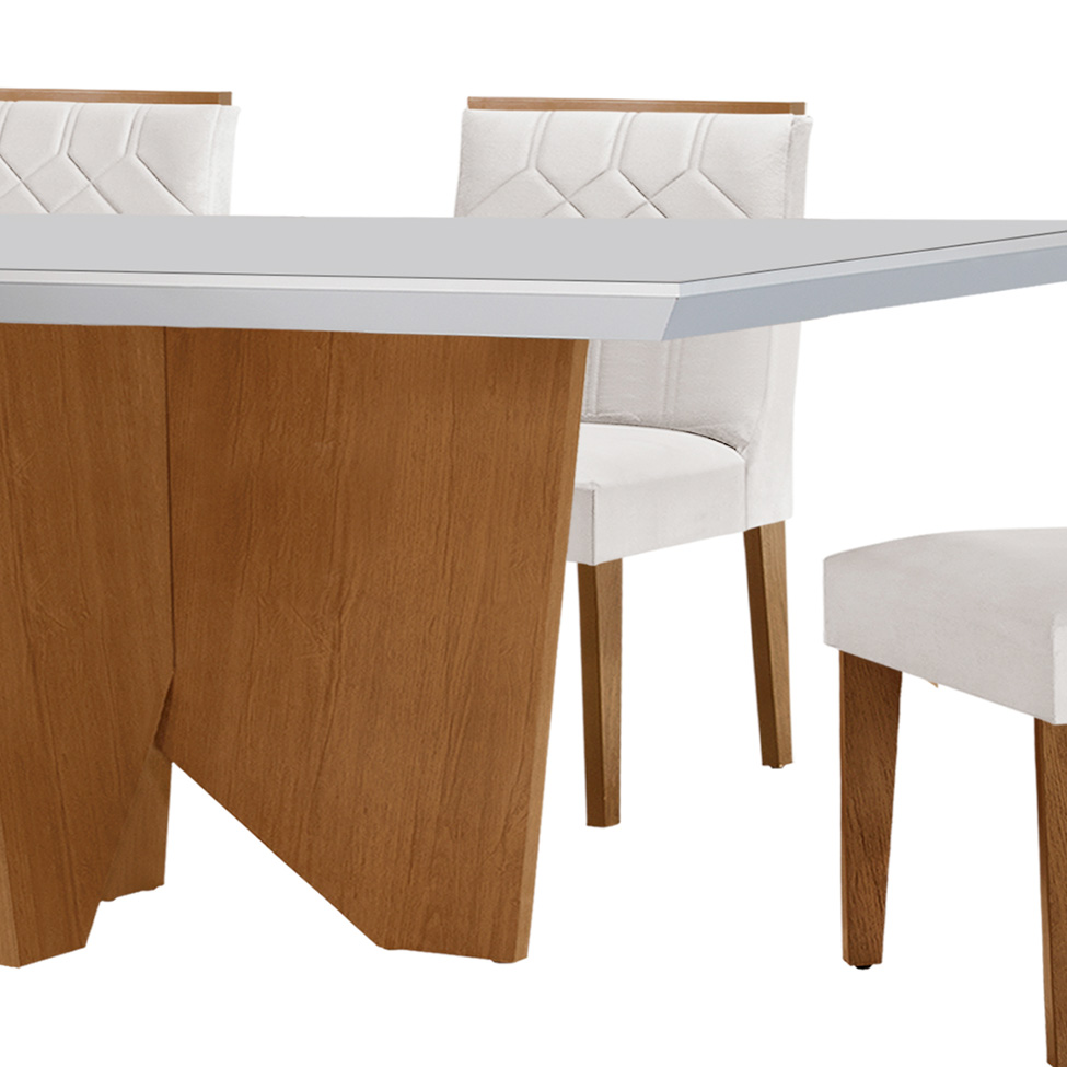 Conjunto de Mesa de Jantar Retangular com Tampo de Vidro Off White e 6 Cadeiras Varsóvia Veludo Pérola e Imbuia