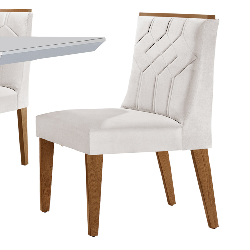 Conjunto de Mesa de Jantar Retangular com Tampo de Vidro Off White e 6 Cadeiras Varsóvia Veludo Pérola e Imbuia
