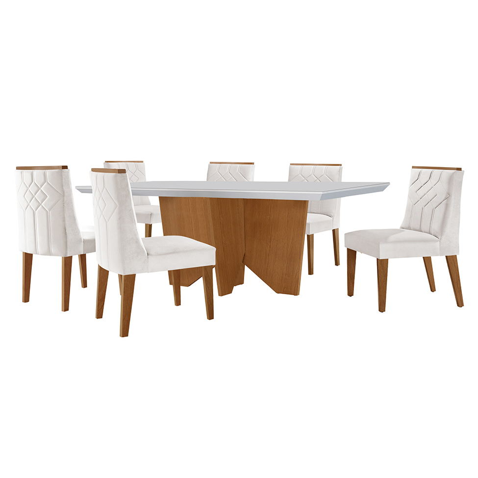 Conjunto de Mesa de Jantar Retangular com Tampo de Vidro Off White e 6 Cadeiras Varsóvia Veludo Pérola e Imbuia