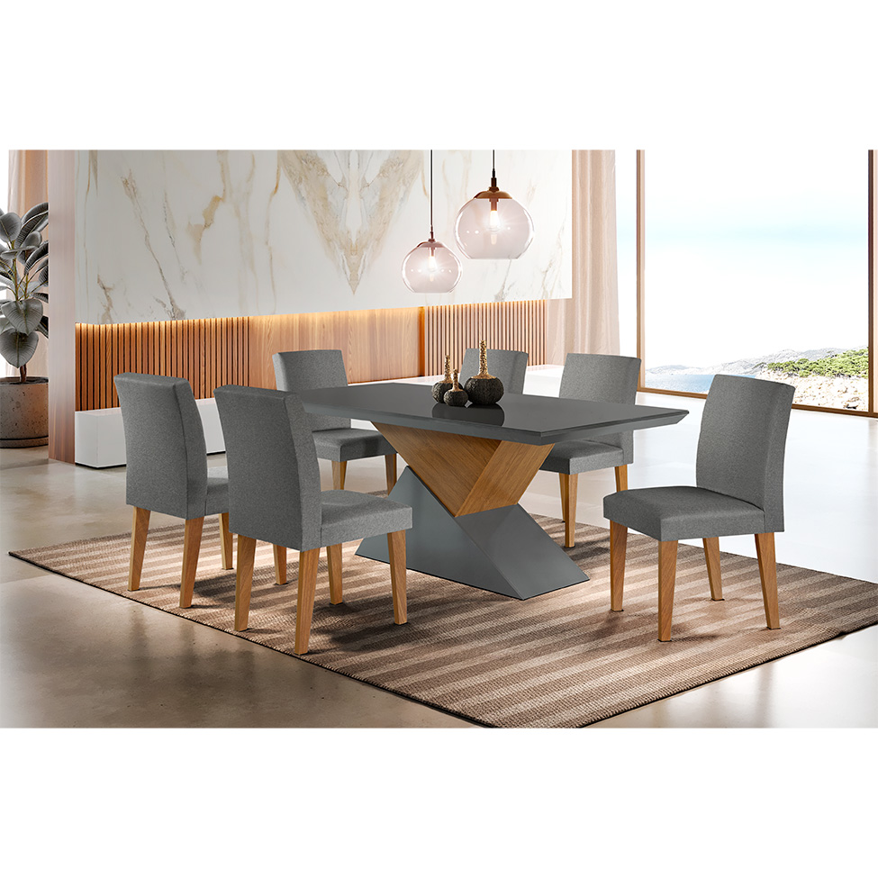 Conjunto de Mesa de Jantar Retangular com Tampo de Vidro Turmalina e 6 Cadeiras Grécia Linho Grafite e Imbuia