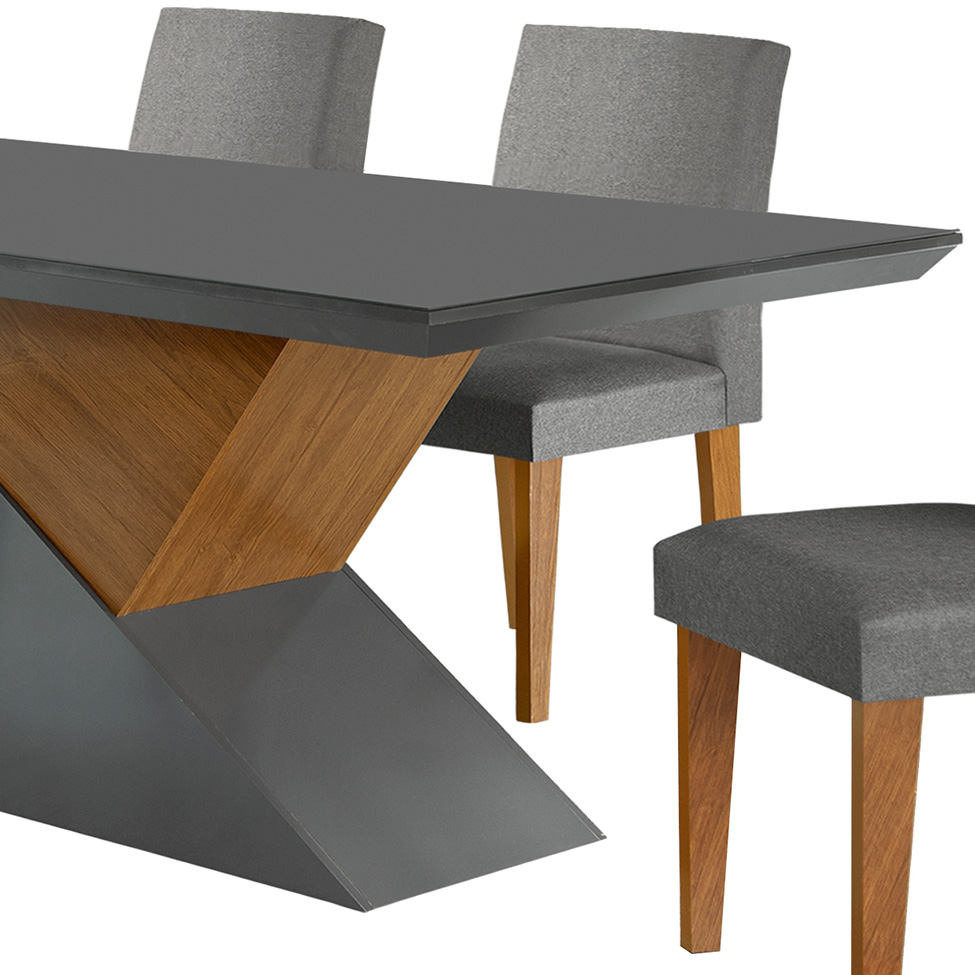 Conjunto de Mesa de Jantar Retangular com Tampo de Vidro Turmalina e 6 Cadeiras Grécia Linho Grafite e Imbuia