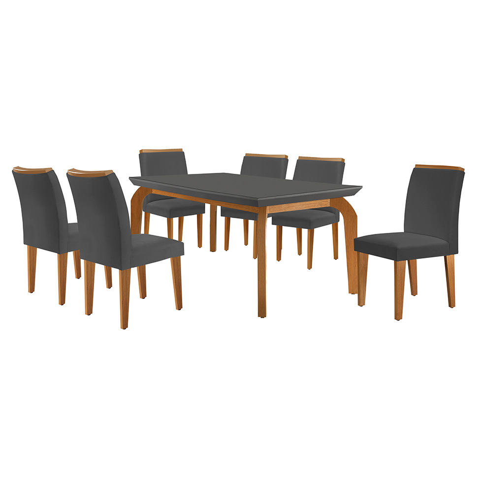 Conjunto de Mesa de Jantar Retangular com Tampo de Vidro Turquesa e 6 Cadeiras Luanda Veludo Grafite e Imbuia