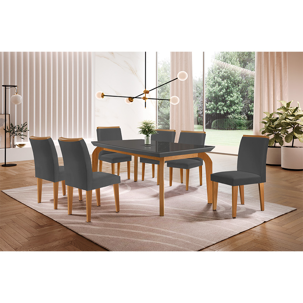 Conjunto de Mesa de Jantar Retangular com Tampo de Vidro Turquesa e 6 Cadeiras Luanda Veludo Grafite e Imbuia