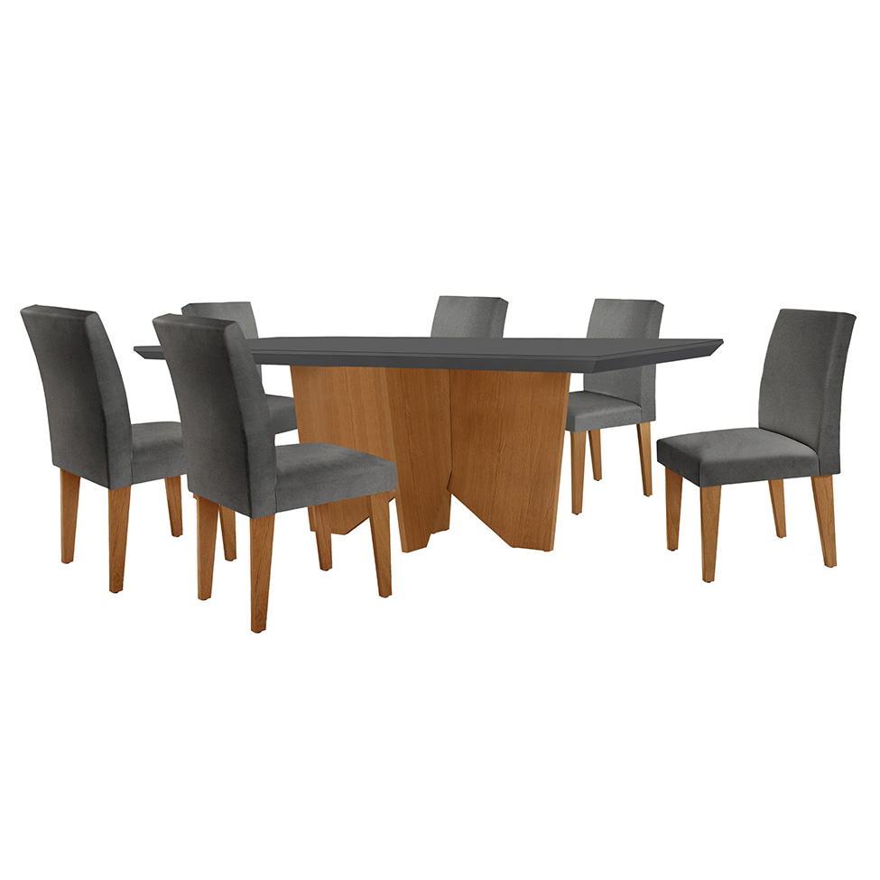 Conjunto de Mesa de Jantar Retangular com Tampo de Vidro Varsóvia e 6 Cadeiras Grécia Linho Grafite e Imbuia