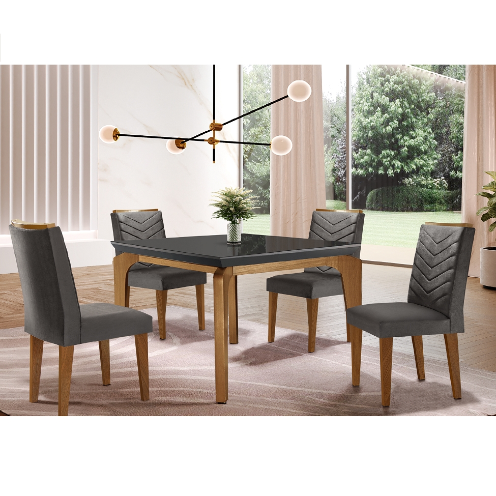 Conjunto de Mesa de Jantar Retangular com Tampo de Vidro e 4 Cadeiras Turquesa Veludo Grafite e Imbuia