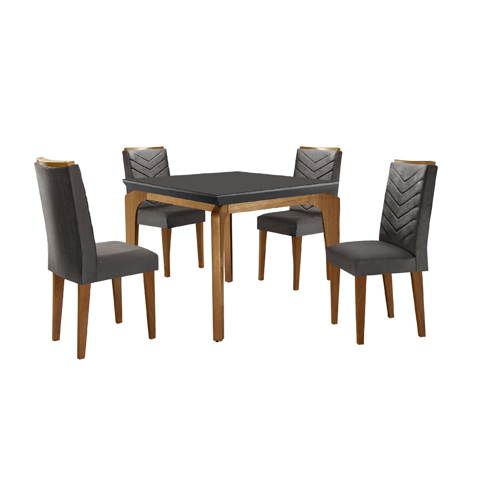 Conjunto de Mesa de Jantar Retangular com Tampo de Vidro e 4 Cadeiras Turquesa Veludo Grafite e Imbuia