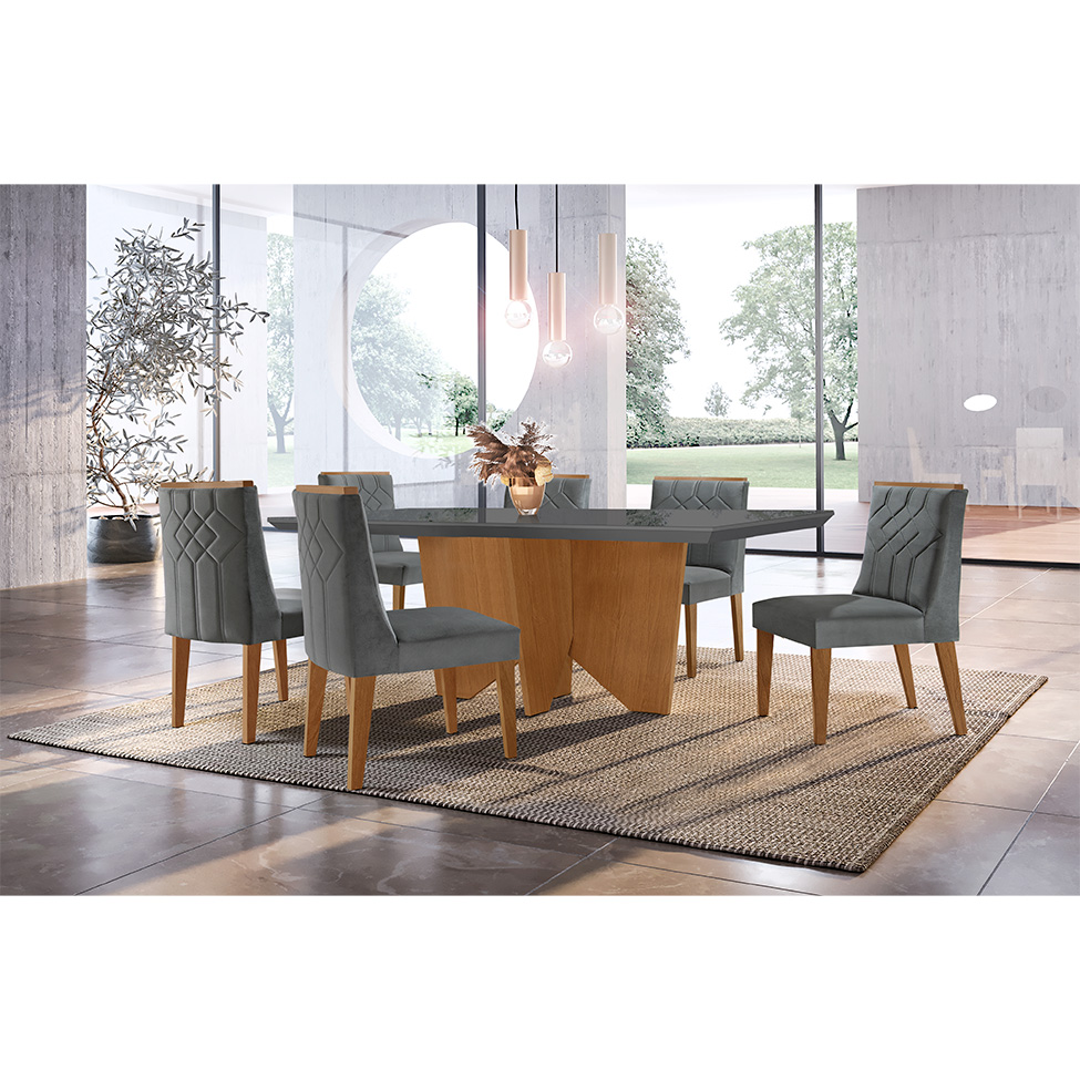 Conjunto de Mesa de Jantar Retangular com Tampo de Vidro e 6 Cadeiras Varsóvia Veludo Grafite e Imbuia