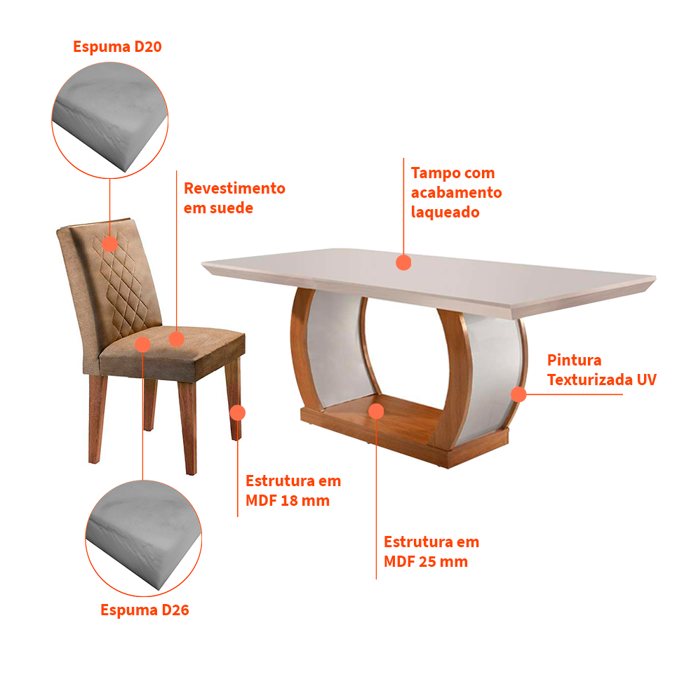 Conjunto de Mesa de Jantar com 6 Cadeiras Estofadas Maia Animalle Off White e Chocolate