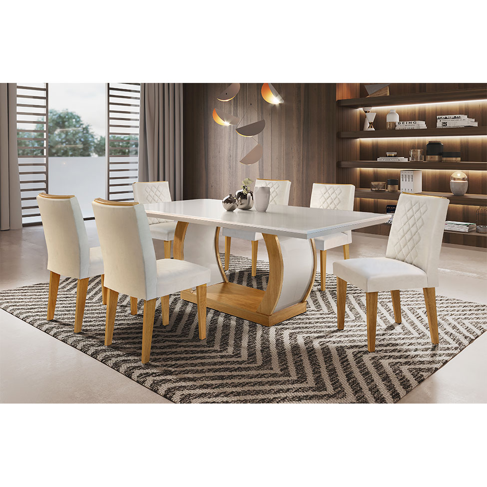 Conjunto de Mesa de Jantar com 6 Cadeiras Estofadas Maia I Veludo Off White e Creme